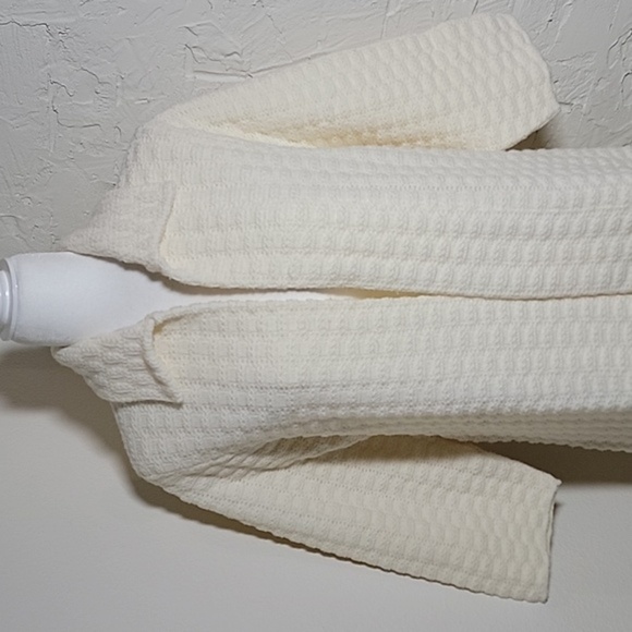 VTG Sweater Cardigan Coat Longline Knit 3/4 Sleeve Open Front Collar 60s Cream M - Picture 2 of 9